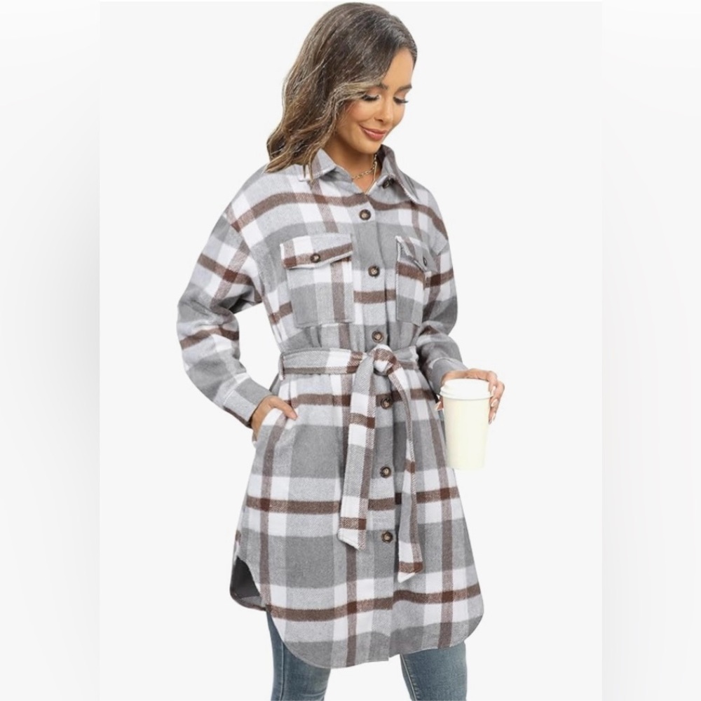 Gray and Brown Plaid Belted Trench Shacket